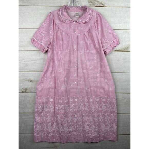 CLASSIC ELEMENTS Nightgown Womens L Pink Checkered Floral Pearl Snap Vintage - Picture 1 of 11